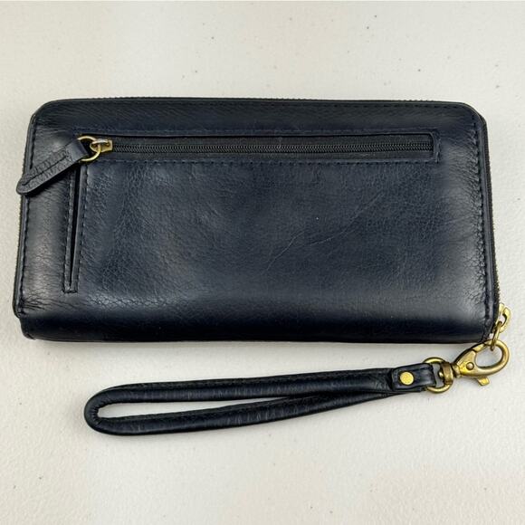 Fossil Logan Zip Around Wallet Black Leather Wristlet Perforated Gold Triangles - Picture 4 of 9